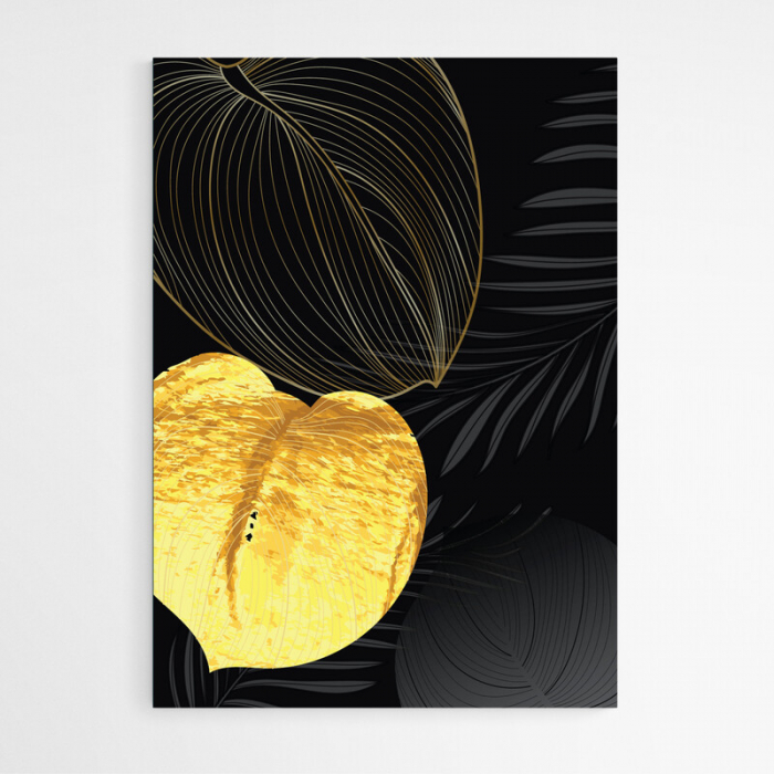 Set 3 tablouri, Intaglio, Stil Abstracte, print pe hartie foto Fine Art, Auriu, fundal negru, Frunze, postere moderne, pentru living [4]