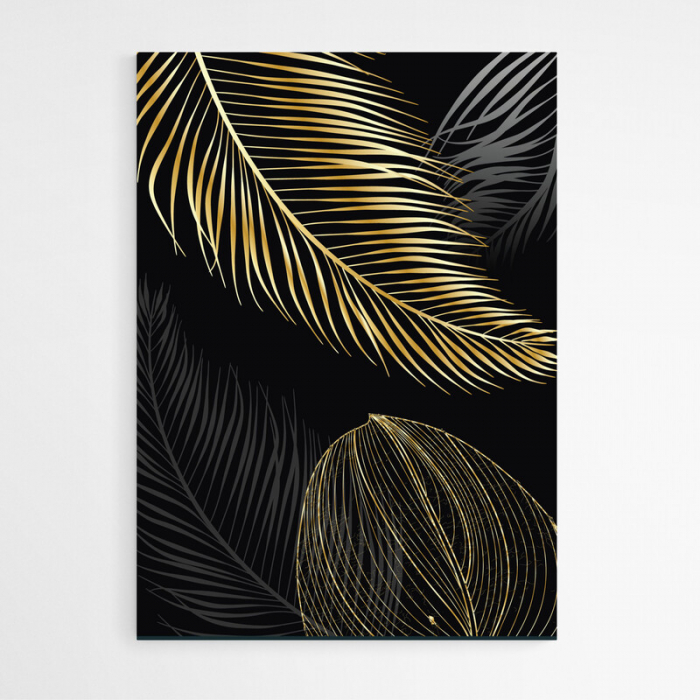 Set 3 tablouri, Intaglio, Stil Abstracte, print pe hartie foto Fine Art, Auriu, fundal negru, Frunze, postere moderne, pentru living [5]