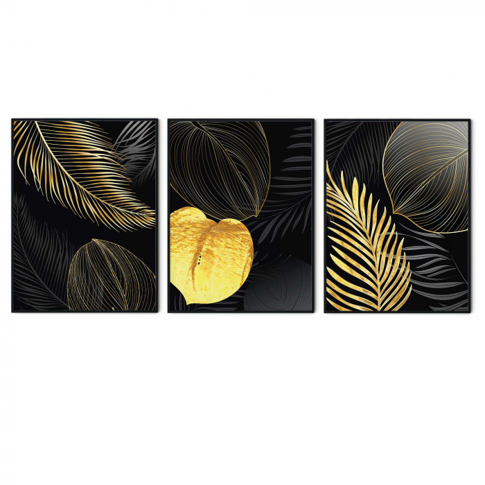 Set 3 tablouri, Intaglio, Stil Abstracte, print pe hartie foto Fine Art, Auriu, fundal negru, Frunze, postere moderne, pentru living [6]