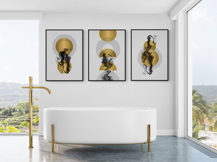 Set 3 tablouri, Intaglio, Stil Abstracte, print pe hartie foto Fine Art, Auriu, postere moderne, forme geometrice, Cercuri, pentru baie, hol [1]