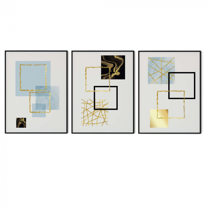 Set 3 tablouri, Intaglio, Stil Abstracte, print pe hartie foto Fine Art, Auriu, postere moderne, forme geometrice Patrate, pentru living [6]