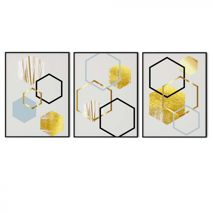Set 3 tablouri, Intaglio, Stil Abstracte, print pe hartie foto Fine Art, Auriu, postere moderne, forme geometrice, pentru dormitor [6]
