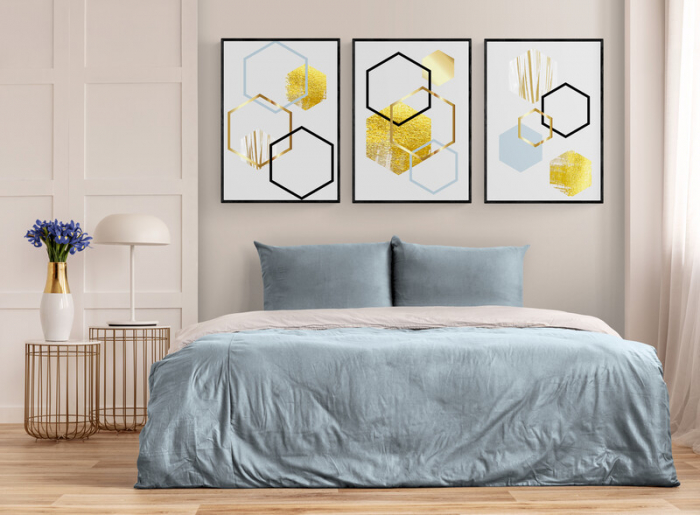 Set 3 tablouri, Intaglio, Stil Abstracte, print pe hartie foto Fine Art, Auriu, postere moderne, forme geometrice, pentru dormitor [1]