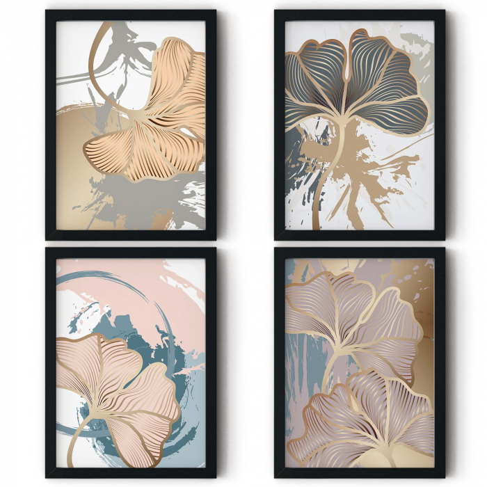 Set 4 tablouri, Intaglio, Stil Abstracte, print pe hartie foto Fine Art, Auriu, Frunze elegante, postere moderne, pentru dormitor, living [7]