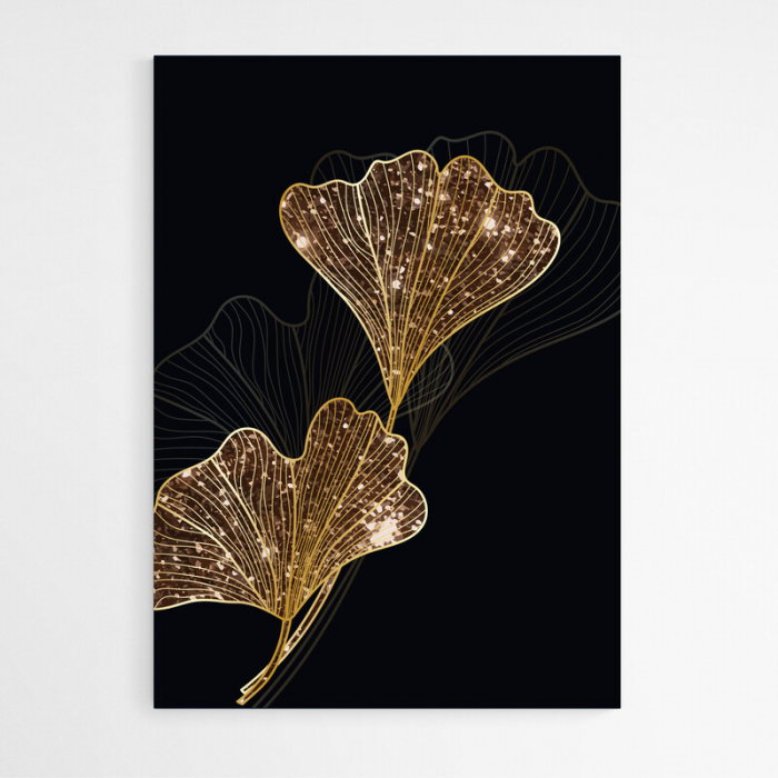 Set 3 tablouri, Intaglio, Stil Abstracte, print pe hartie foto Fine Art, Auriu, Frunze elegante, postere moderne, fundal negru, pentru dormitor, living [5]