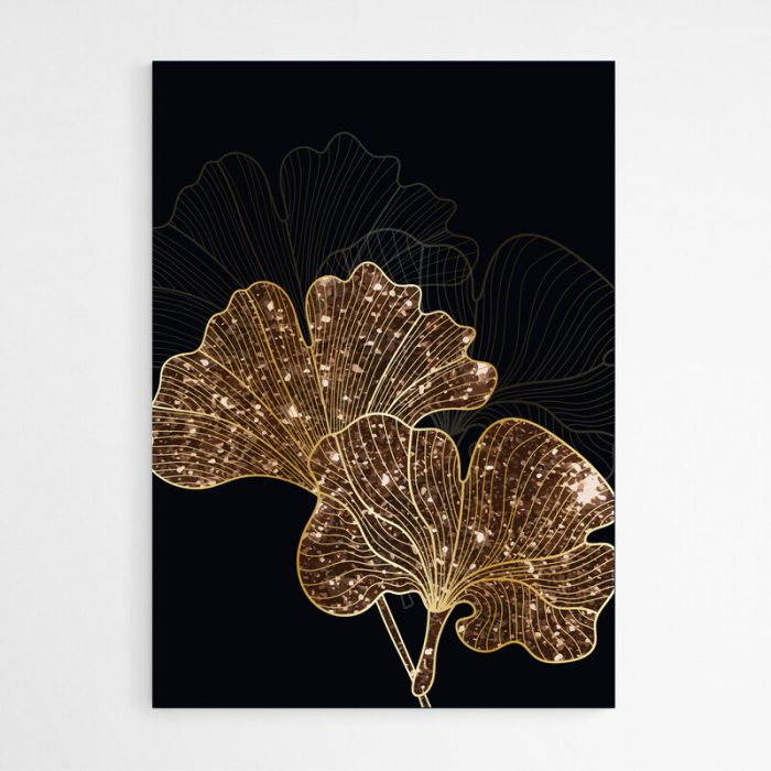 Set 3 tablouri, Intaglio, Stil Abstracte, print pe hartie foto Fine Art, Auriu, Frunze elegante, postere moderne, fundal negru, pentru dormitor, living [4]