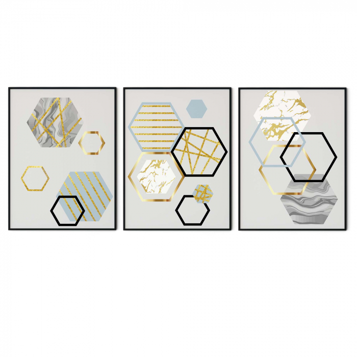 Set 3 tablouri, Intaglio, Stil Abstracte, print pe hartie foto Fine Art, Auriu, postere moderne, forme geometrice, pentru living [6]
