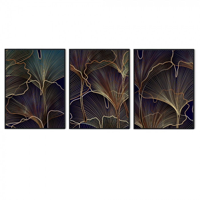 Set 3 tablouri, Intaglio, Stil Abstracte, print pe hartie foto Fine Art, Flori, postere elegante cu nuante de mov si auriu, pentru dormitor [6]