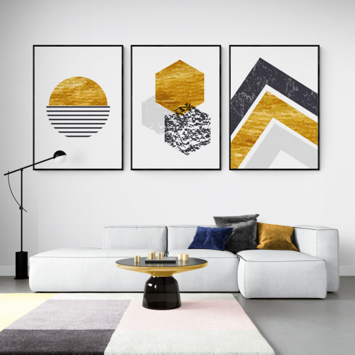 Set 3 tablouri, Intaglio, Stil Abstracte, print pe hartie foto Fine Art, Auriu, postere moderne, geometrice, pentru living, dormitor, hol [1]