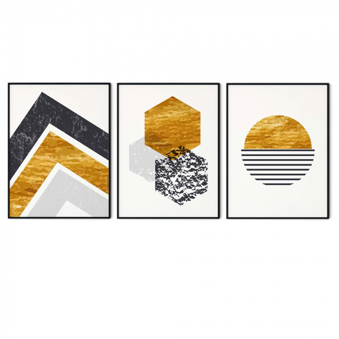 Set 3 tablouri, Intaglio, Stil Abstracte, print pe hartie foto Fine Art, Auriu, postere moderne, geometrice, pentru living, dormitor, hol [6]
