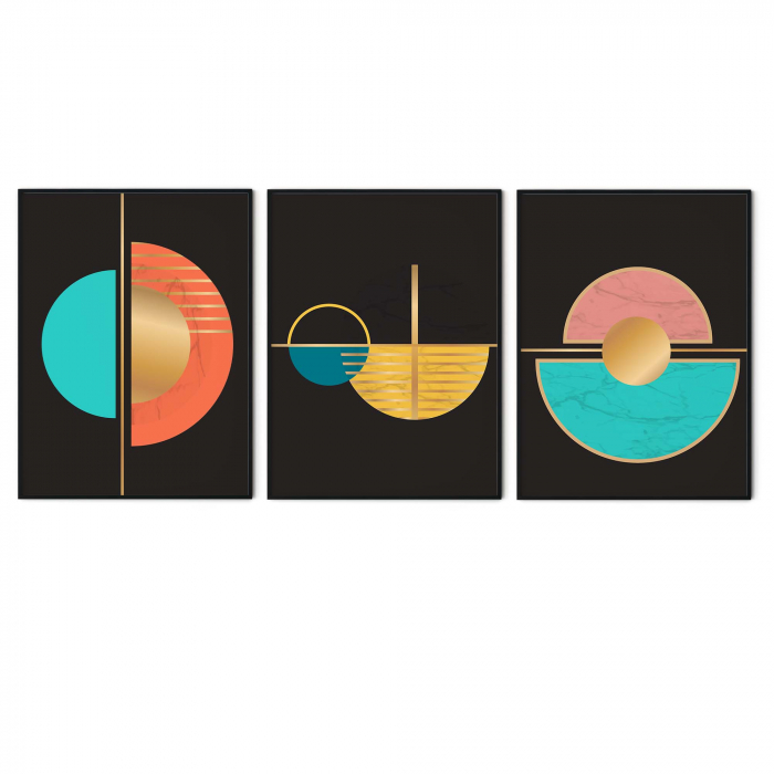 Set 3 tablouri, Intaglio, Stil Abstracte, print pe hartie foto Fine Art, postere cu fundal negru, in nuante de auriu, forme, cercuri pentru living [6]