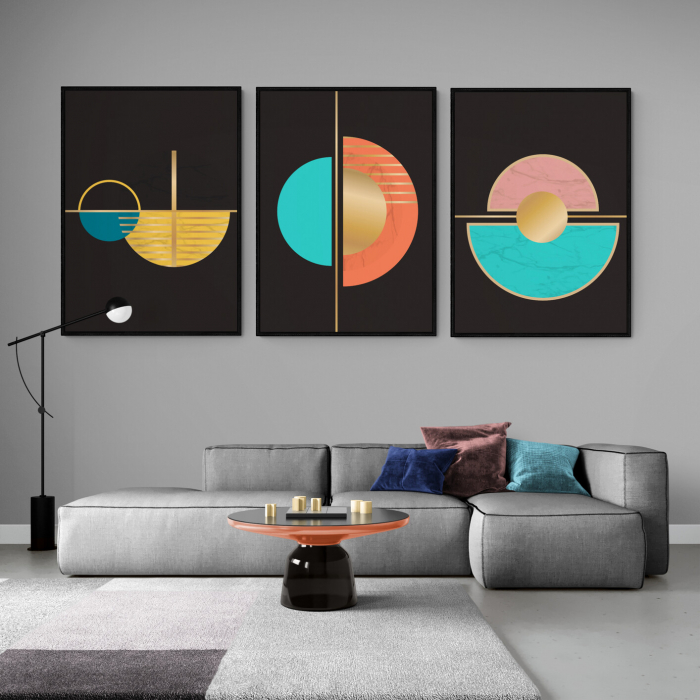Set 3 tablouri, Intaglio, Stil Abstracte, print pe hartie foto Fine Art, postere cu fundal negru, in nuante de auriu, forme, cercuri pentru living [1]