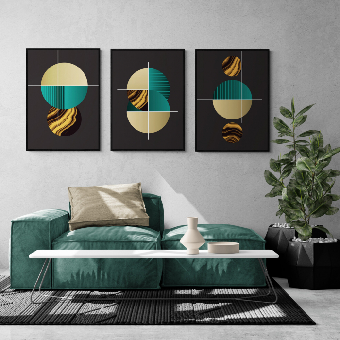 Set 3 tablouri, Intaglio, Stil Abstracte, print pe hartie foto Fine Art, postere moderne cu fundal negru, forme geometrice, cercuri pentru living [1]
