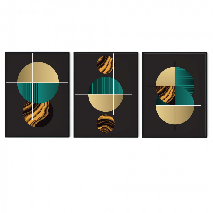 Set 3 tablouri, Intaglio, Stil Abstracte, print pe hartie foto Fine Art, postere moderne cu fundal negru, forme geometrice, cercuri pentru living [6]