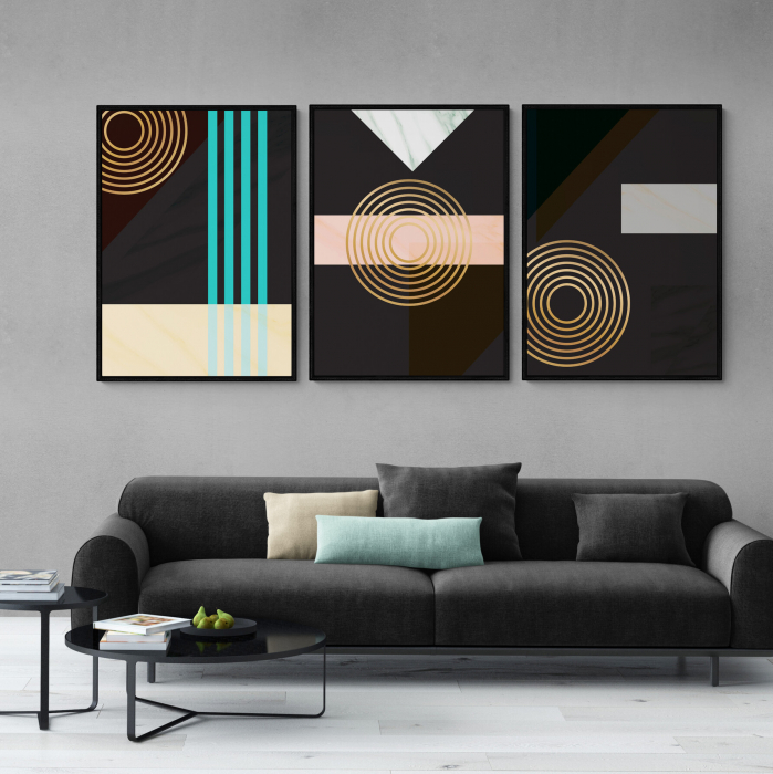 Set 3 tablouri, Intaglio, Stil Abstracte, print pe hartie foto Fine Art, postere moderne, fundal negru, linii color, pentru living [1]