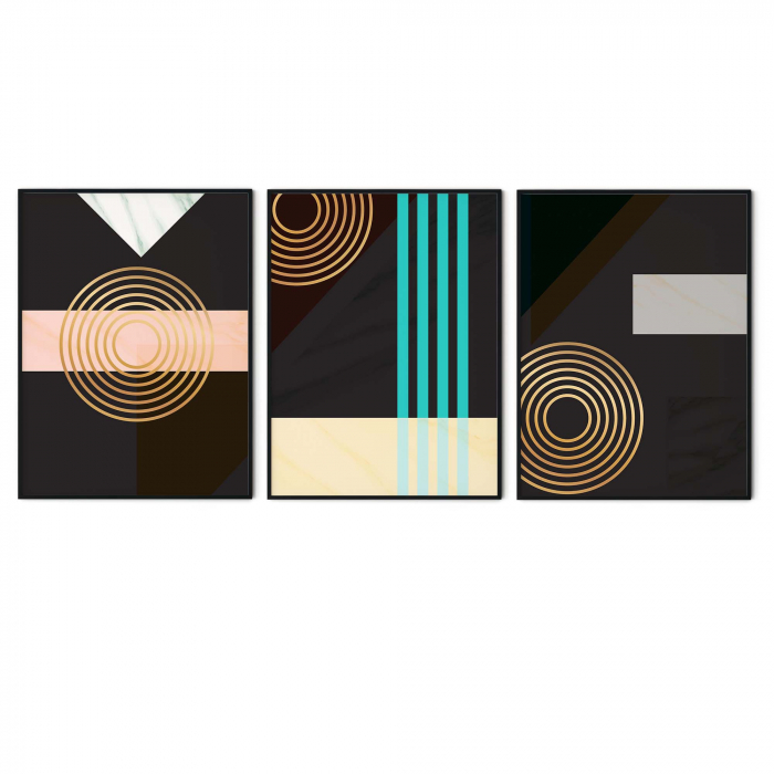 Set 3 tablouri, Intaglio, Stil Abstracte, print pe hartie foto Fine Art, postere moderne, fundal negru, linii color, pentru living [6]