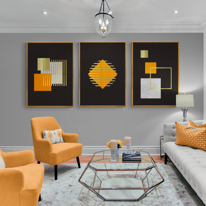 Set 3 tablouri, Intaglio, Stil Abstracte, print pe hartie foto Fine Art, postere moderne, fundal negru, forme geometrice, patrat portocaliu, pentru living [1]