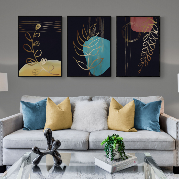 Set 3 tablouri, Intaglio, Stil Abstracte, print pe hartie foto Fine Art, postere moderne, fundal negru, frunze aurii, pentru living [1]