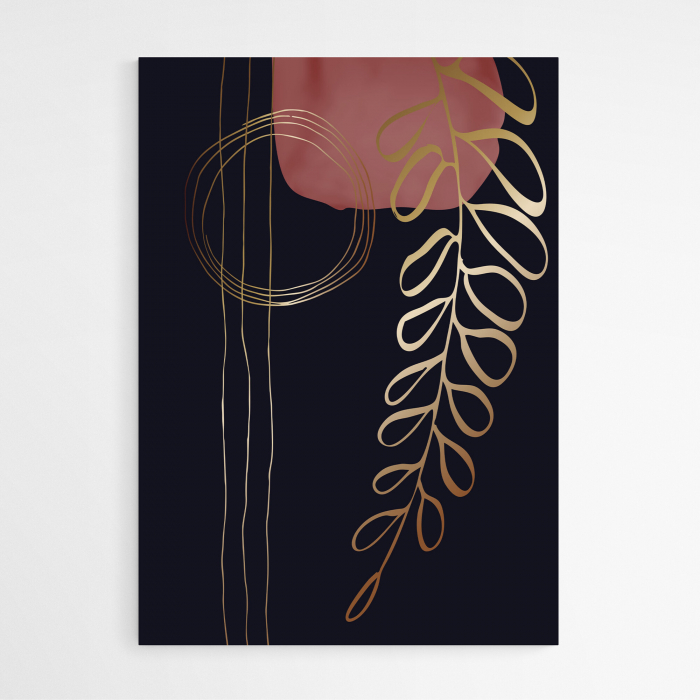 Set 3 tablouri, Intaglio, Stil Abstracte, print pe hartie foto Fine Art, postere moderne, fundal negru, frunze aurii, pentru living [5]