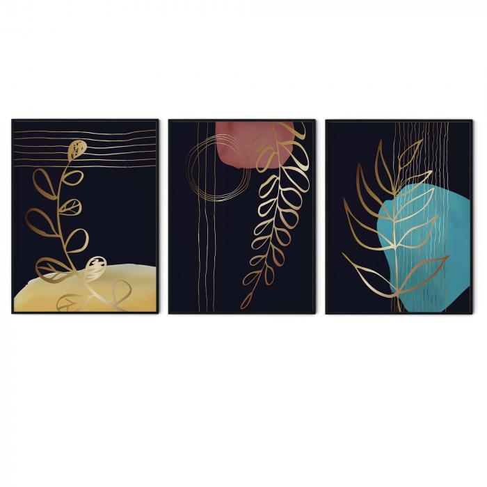Set 3 tablouri, Intaglio, Stil Abstracte, print pe hartie foto Fine Art, postere moderne, fundal negru, frunze aurii, pentru living [6]