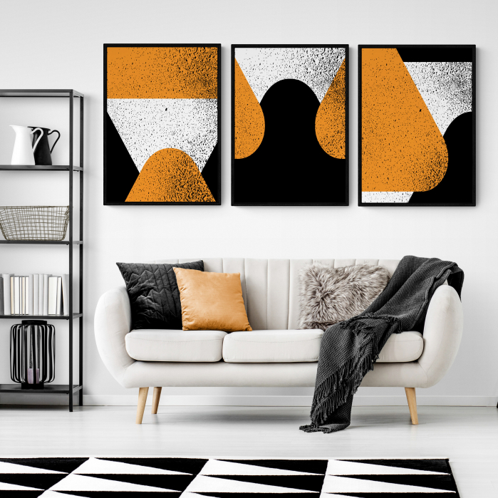 Set 3 tablouri, Intaglio, Stil Abstracte, print pe hartie foto Fine Art, postere moderne, fundal metalizat, portocaliu, pentru living [1]