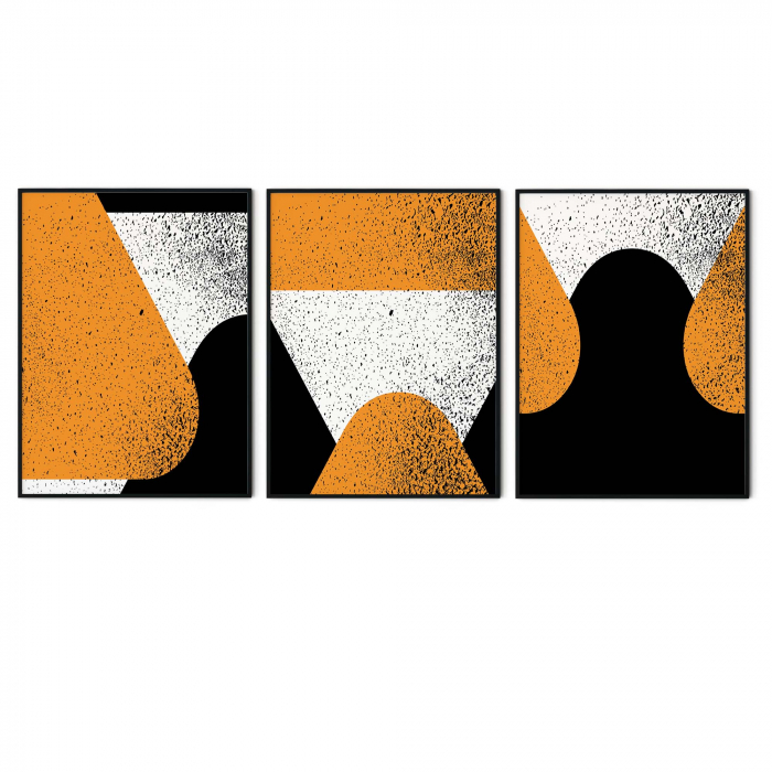 Set 3 tablouri, Intaglio, Stil Abstracte, print pe hartie foto Fine Art, postere moderne, fundal metalizat, portocaliu, pentru living [6]