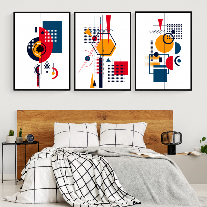 Set 3 tablouri, Intaglio, Stil Abstracte, print pe hartie foto Fine Art, postere figuri geometrice, multicolor, pentru camera copii, dormitor [1]