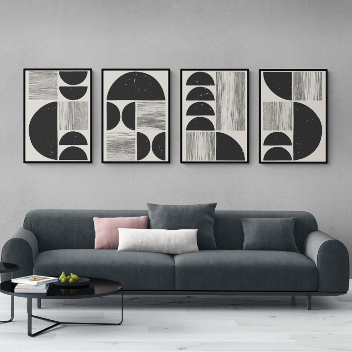 Set 4 tablouri, Intaglio, Stil Abstracte, print pe hartie foto Fine Art, postere minimaliste, Alb Negru, pentru living [1]
