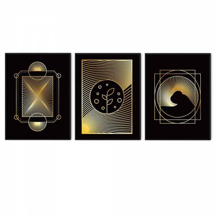 Set 3 tablouri, Intaglio, Stil Abstracte, print pe hartie foto Fine Art, Negru Auriu, postere elegante, pentru casa, birou [5]