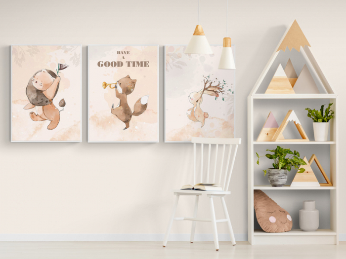 Set de 3 tablouri cu animaluțe colorate pentru copii, print Fine Art. [1]
