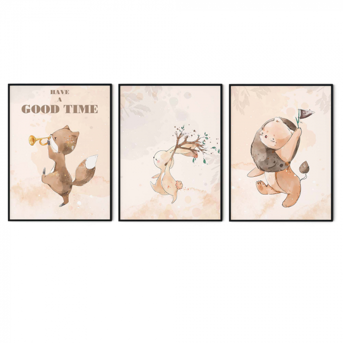 Set de 3 tablouri cu animaluțe colorate pentru copii, print Fine Art. [2]