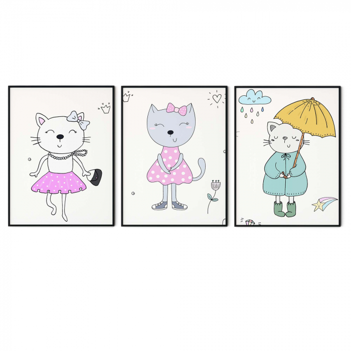 Set de 3 tablouri cu pisicuțe, stil animație, pentru bebeluși [2]
