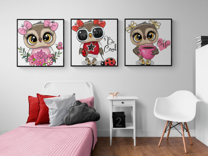 Set 3 tablouri bufnite stil animație, print Fine Art [1]