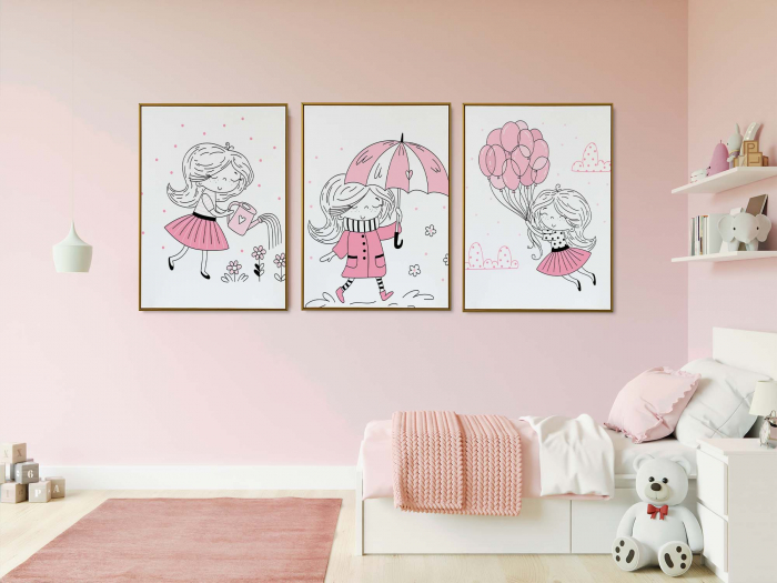 Set de 3 tablouri, fetiță în roz, hârtie Fine Art [1]