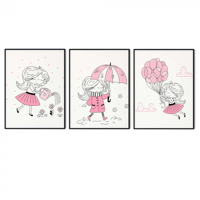 Set de 3 tablouri, fetiță în roz, hârtie Fine Art [2]