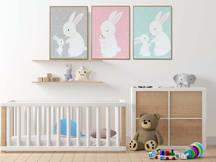 Set de 3 tablouri color cu iepurași pentru copii, print Fine Art. [1]