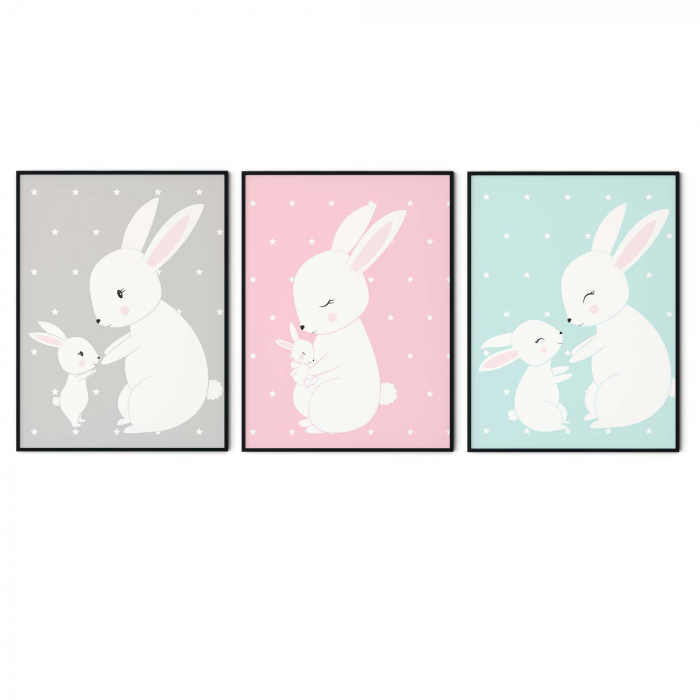 Set de 3 tablouri color cu iepurași pentru copii, print Fine Art. [2]