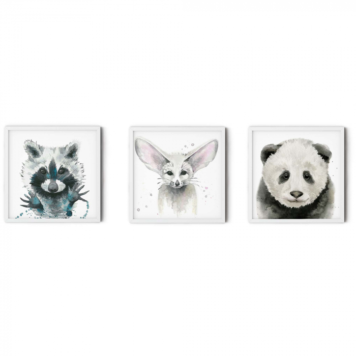 Set 3 tablouri, Intaglio, Animale, Gri, print pe hartie foto Fine Art, postere portret animale salbatice, pentru camera copii, living [2]