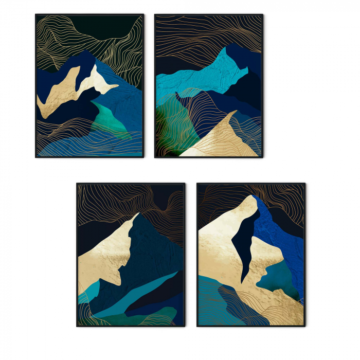 Set 4 tablouri, Intaglio, Stil Abstracte, print pe hartie foto Fine Art, Auriu, Munti, postere moderne, pentru living [7]