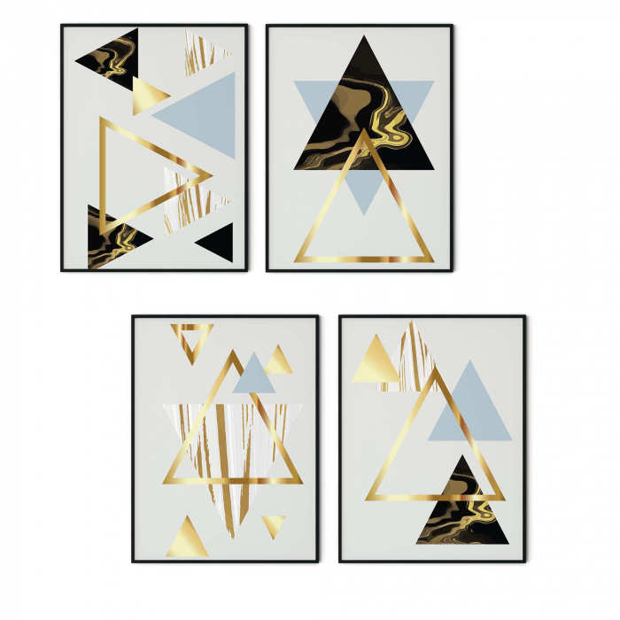 Set 4 tablouri, Intaglio, Stil Abstracte, print pe hartie foto Fine Art, Auriu, Triunghiuri minimaliste, postere moderne, pentru living [7]