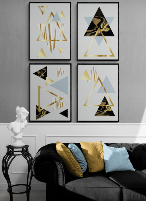 Set 4 tablouri, Intaglio, Stil Abstracte, print pe hartie foto Fine Art, Auriu, Triunghiuri minimaliste, postere moderne, pentru living [1]