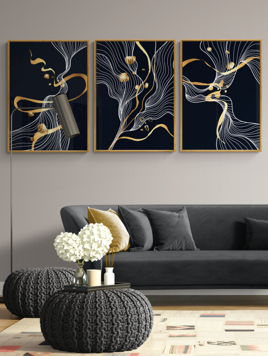 Set 3 tablouri, Intaglio, Stil Abstracte, print pe hartie foto Fine Art, Auriu, Minimaliste, postere moderne elegante, pentru living [1]