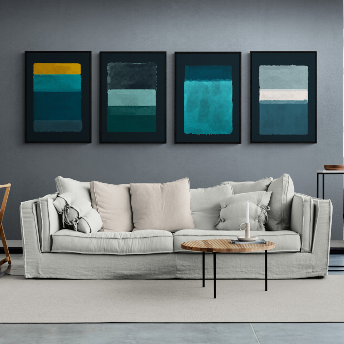 Set 4 tablouri, Intaglio, Stil Abstracte, print pe hartie foto Fine Art, postere moderne, color, albastru, pentru casa, birou [1]