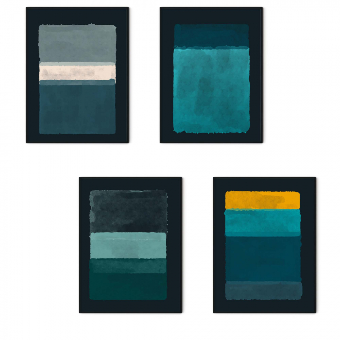Set 4 tablouri, Intaglio, Stil Abstracte, print pe hartie foto Fine Art, postere moderne, color, albastru, pentru casa, birou [7]