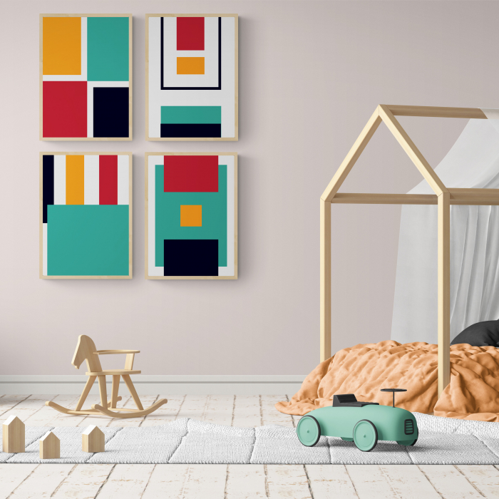Set 4 tablouri, Intaglio, Stil Abstracte, print pe hartie foto Fine Art, postere moderne, multicolor, pentru camera copii [1]