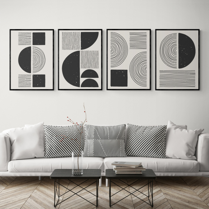 Set 4 tablouri, Intaglio, Stil Abstracte, print pe hartie foto Fine Art, postere minimaliste, Alb Negru, pentru casa, birou [1]