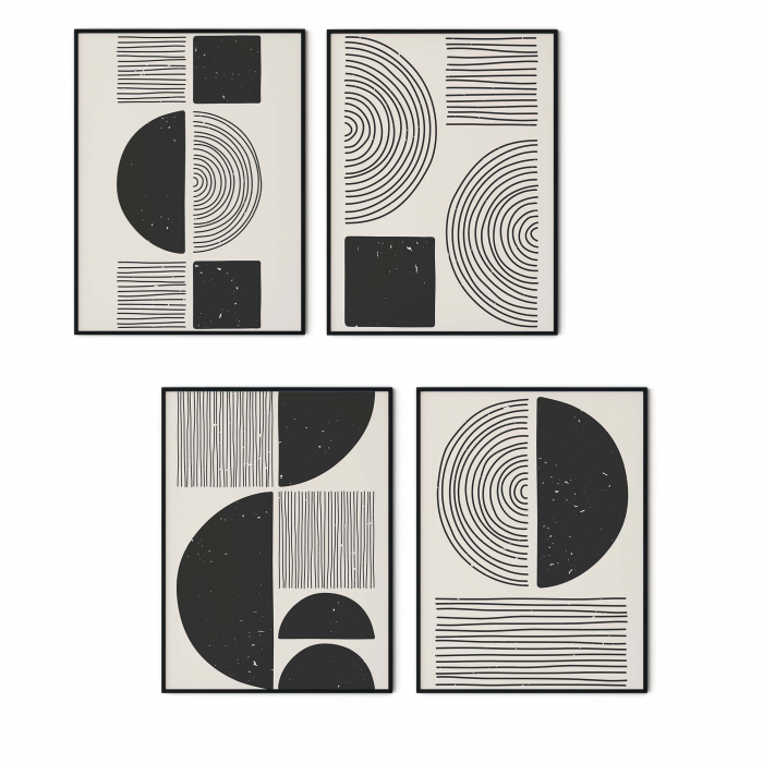Set 4 tablouri, Intaglio, Stil Abstracte, print pe hartie foto Fine Art, postere minimaliste, Alb Negru, pentru casa, birou [7]