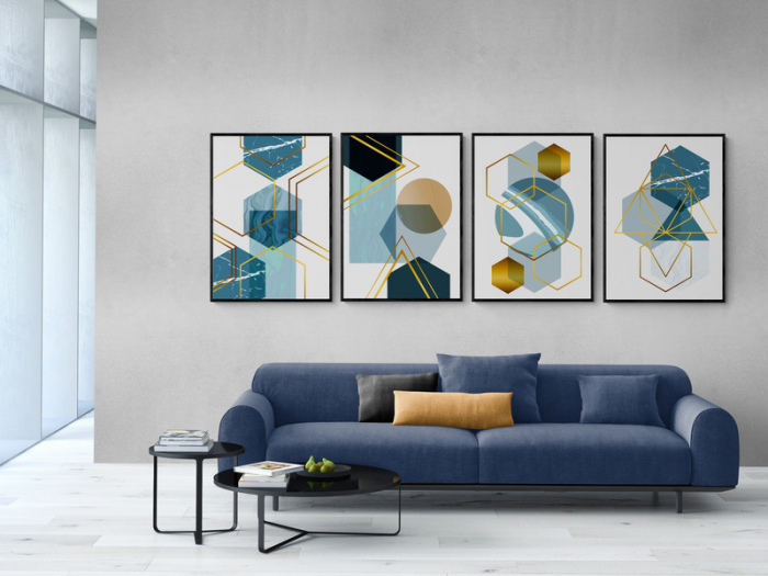 Set 4 tablouri, Intaglio, Stil Abstracte, print pe hartie foto Fine Art, Albastru, postere moderne, forme geometrice, pentru living [1]