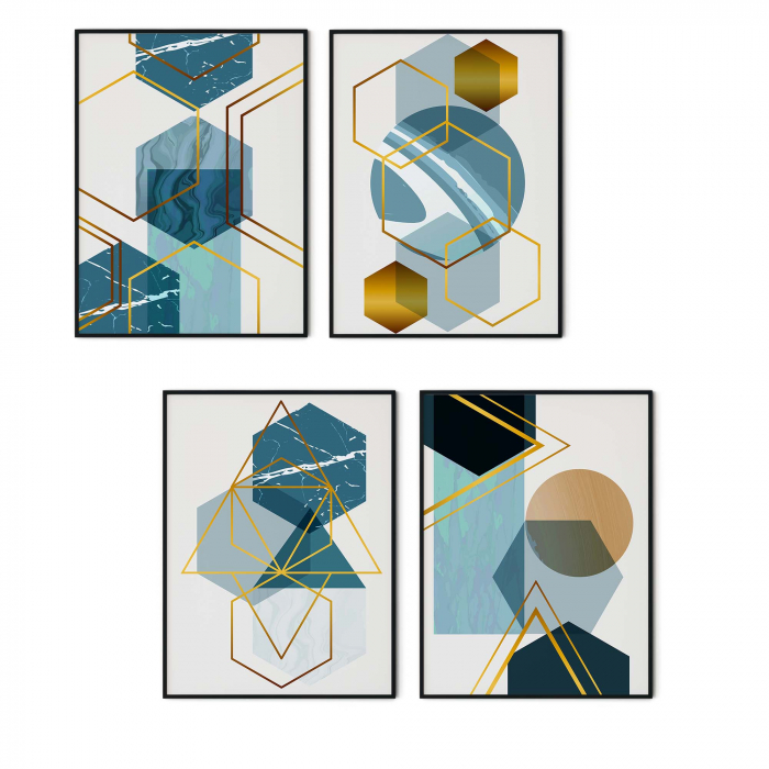 Set 4 tablouri, Intaglio, Stil Abstracte, print pe hartie foto Fine Art, Albastru, postere moderne, forme geometrice, pentru living [7]