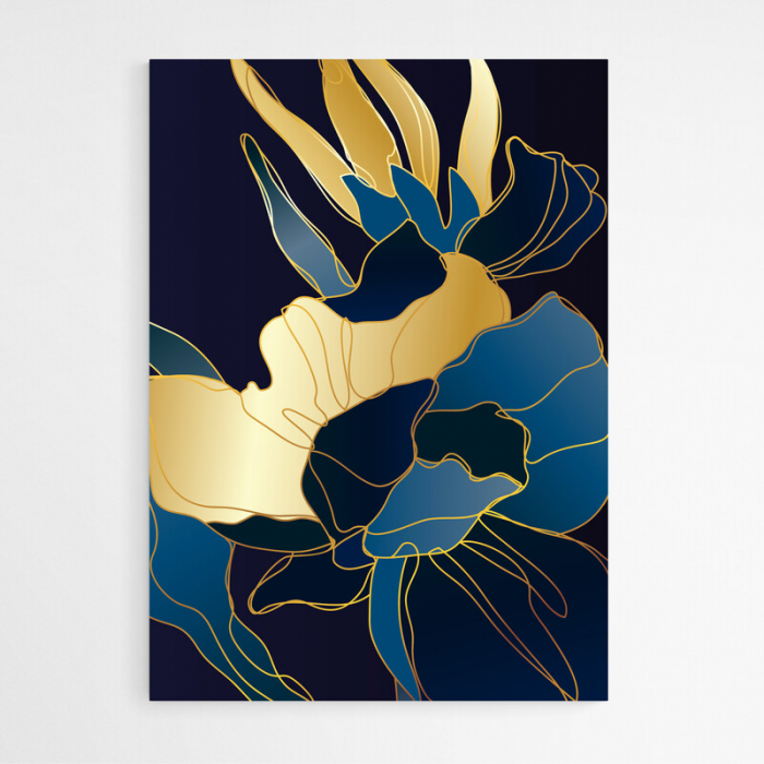 Set 3 tablouri, Intaglio, Abstracte, nuante albastru auriu, print pe hartie foto Fine Art, postere elegante cu flori, pentru dormitor, living, hol [3]
